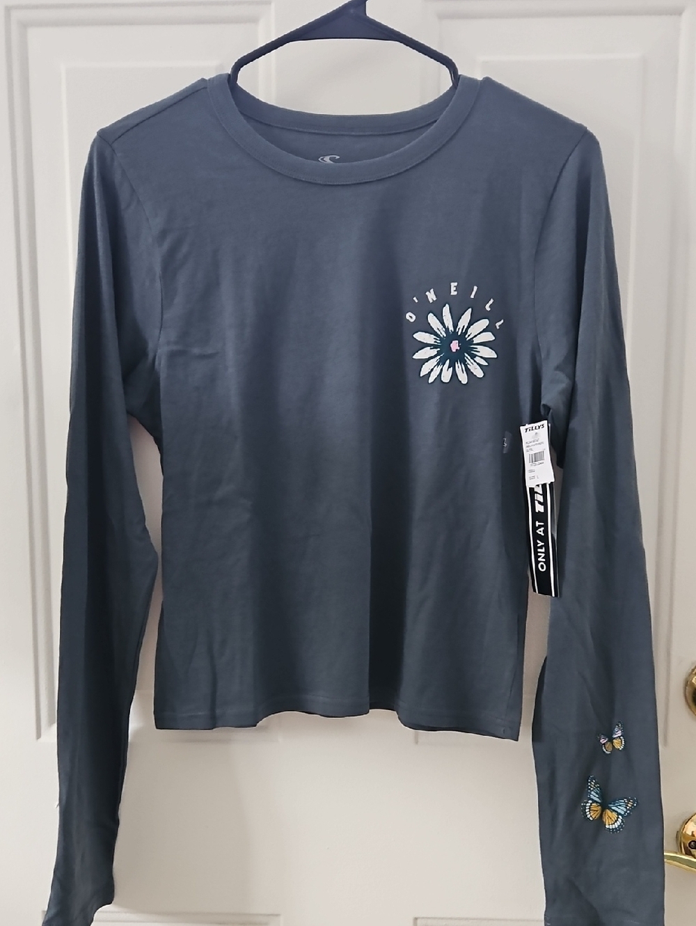 O'Neill Slate Blue Long Sleeve Tee with Daisy Chest & Butterfly Sleeve